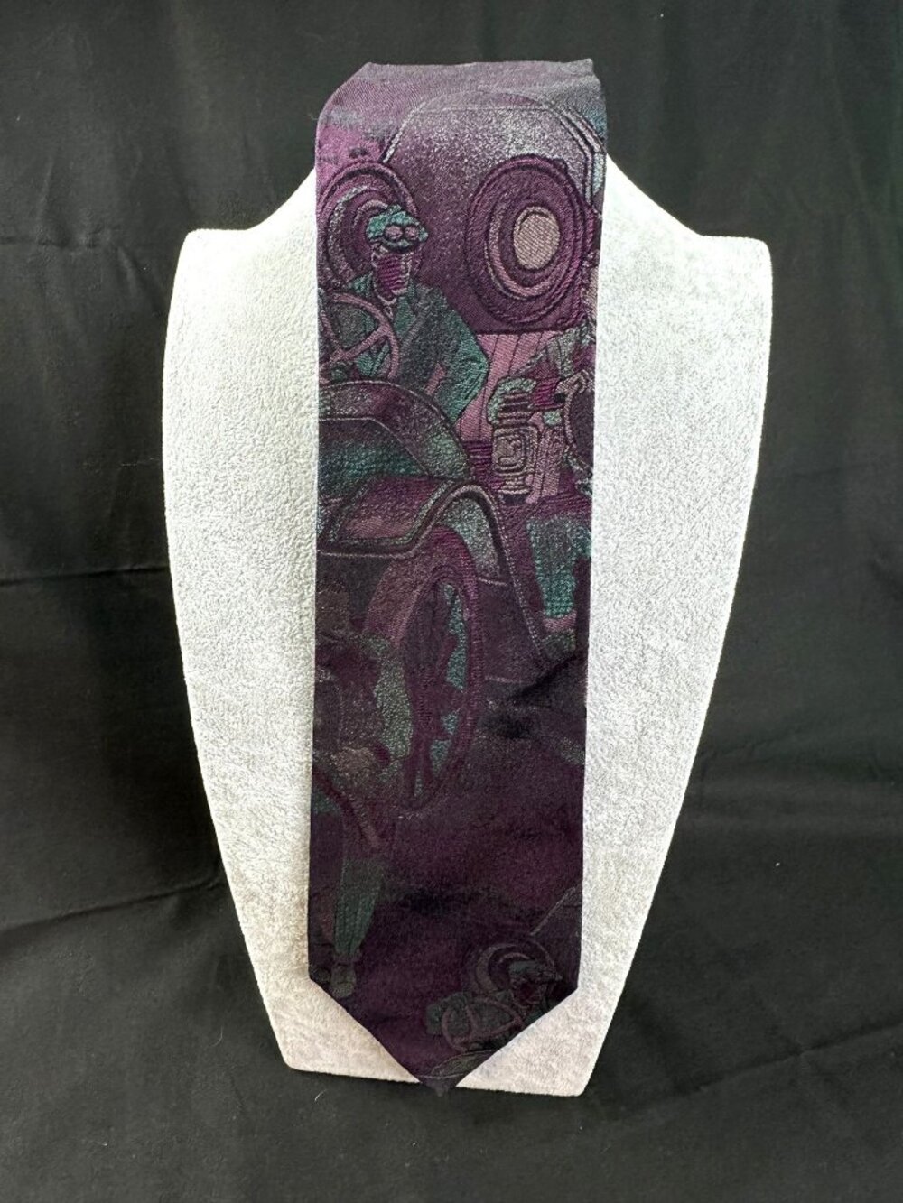 Vintage Padini Uomo Italian Silk Tie Art Deco Motoring Tennis Scene Purple